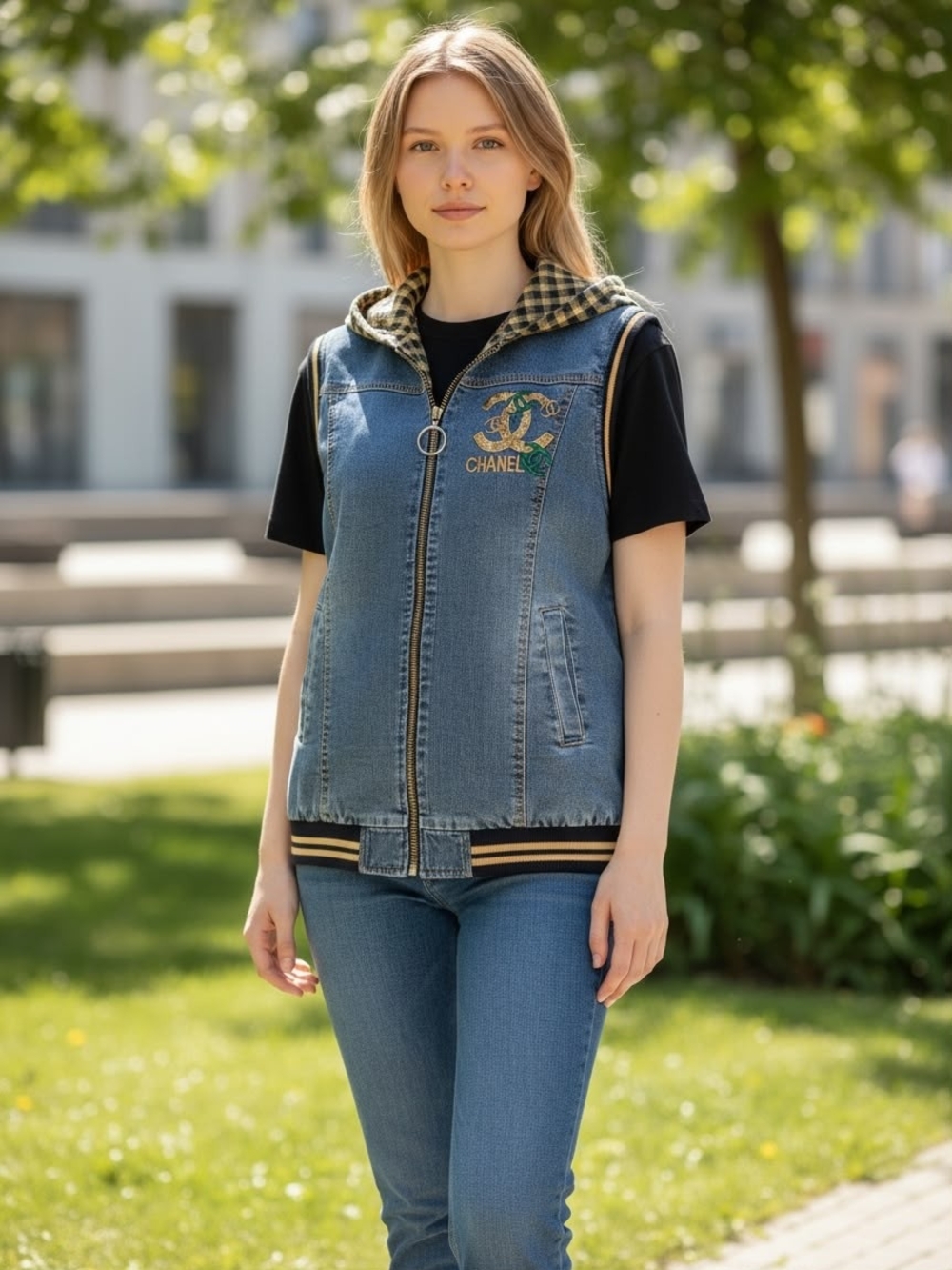 Blue Denim Zip-Front Hooded Vest with Embroidered Logo